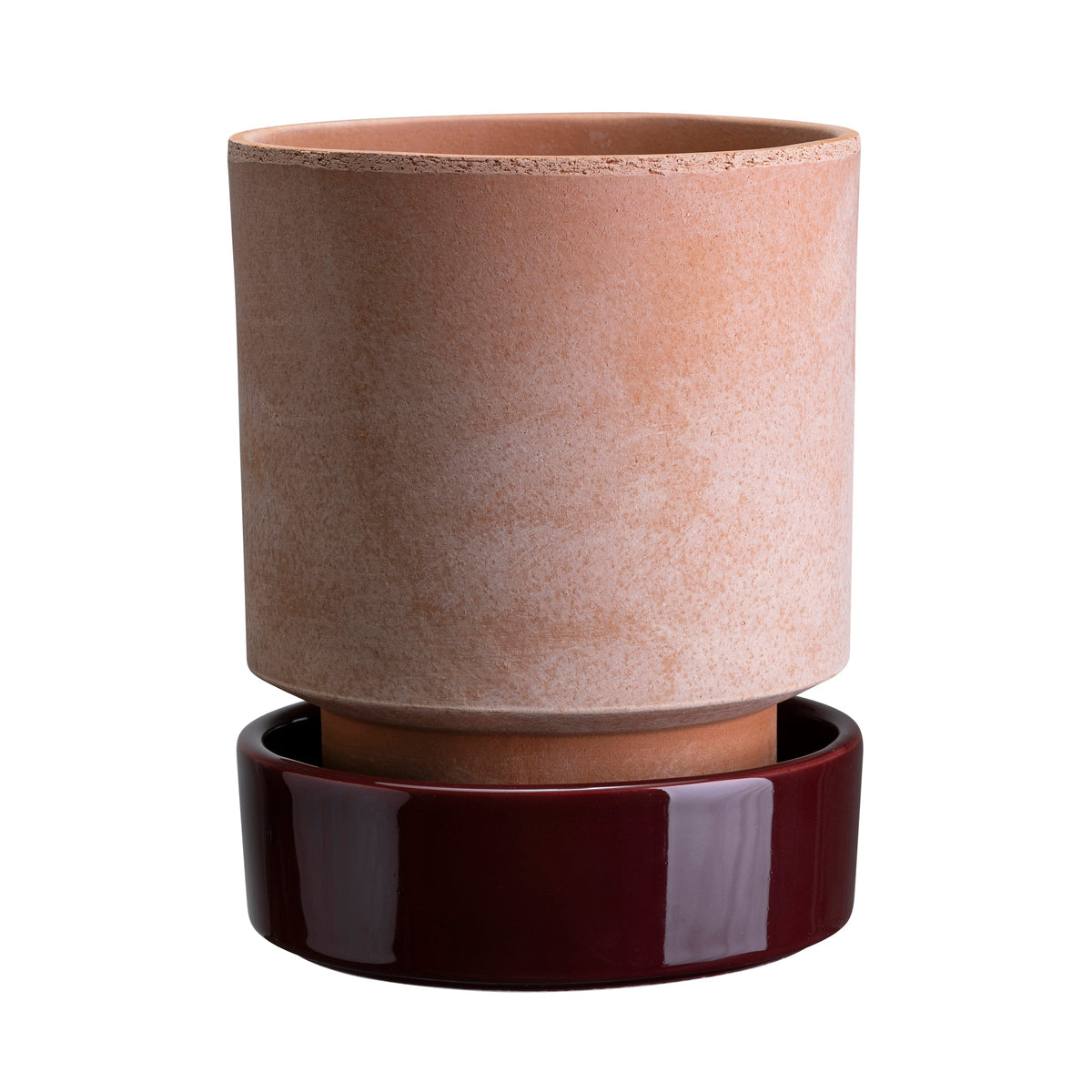 Hoff Raw Rosa & Glazed Deep Burgundy 14cm Pot with Saucer